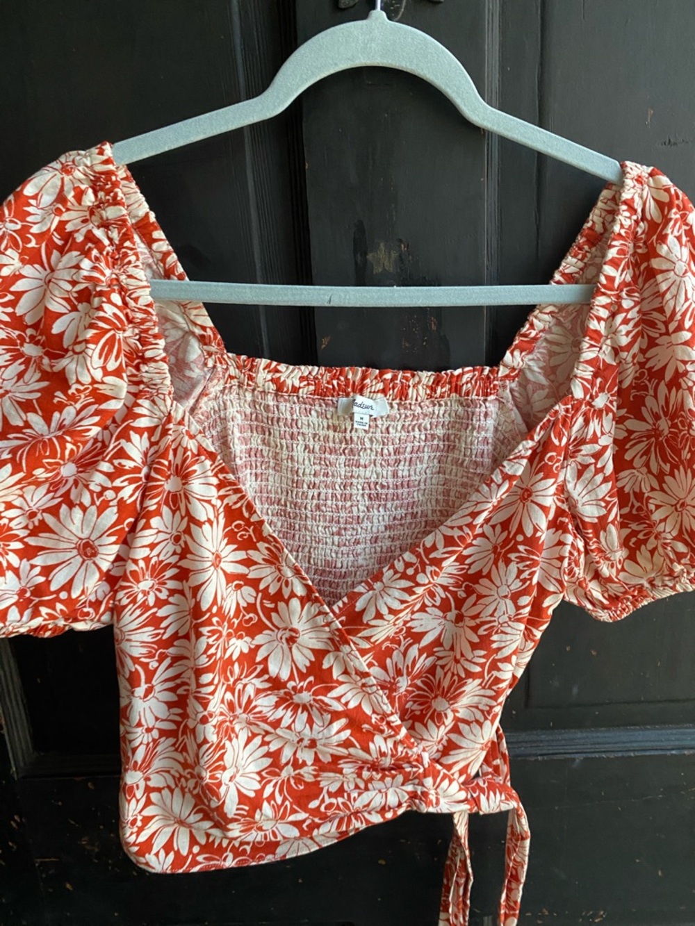 Madewell Orange and White Smocked Waist Top